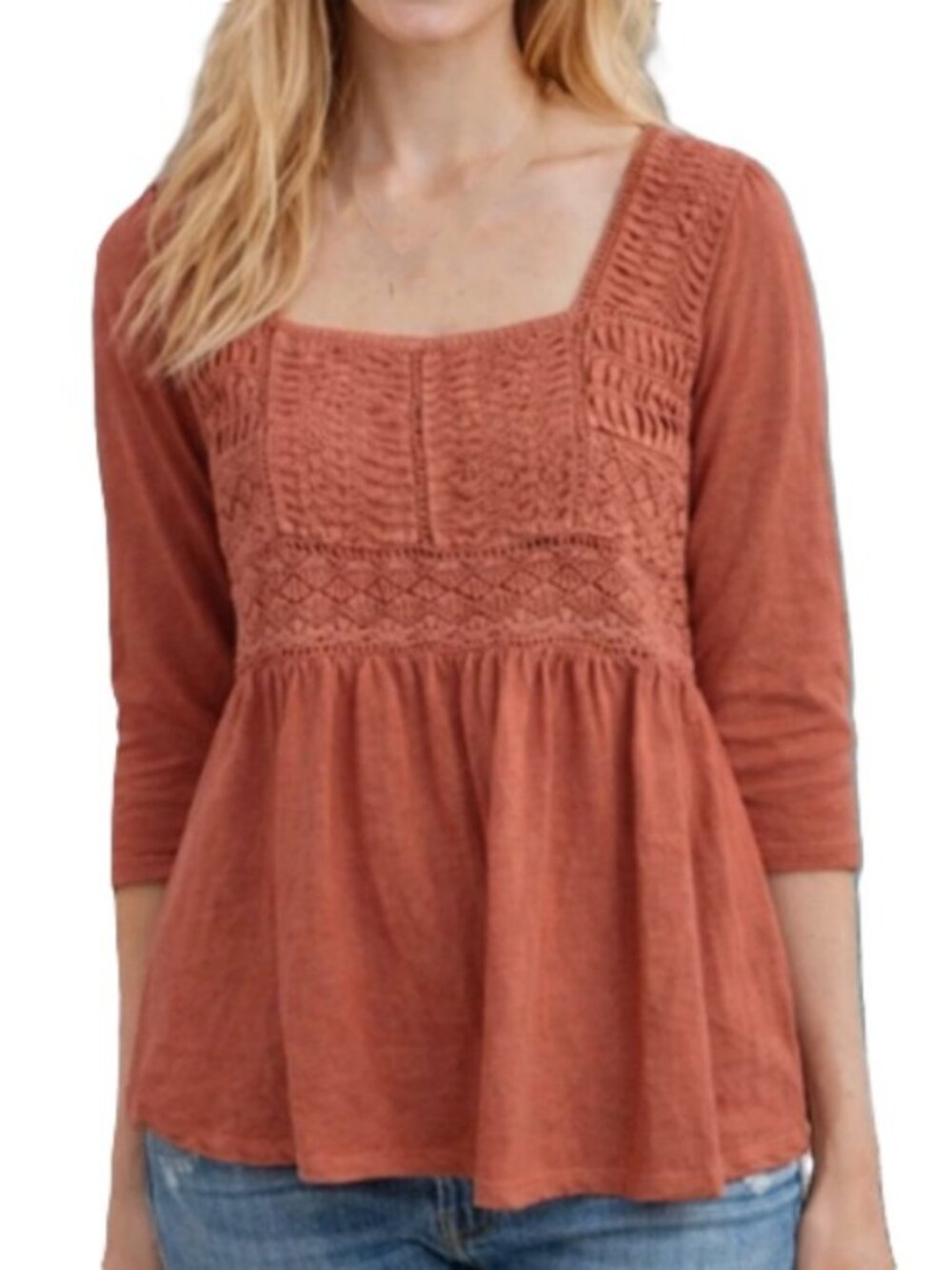 Cottagecore Anthropologie Meadow Rue Nosara Babydoll Top Rust/Orange Women's M